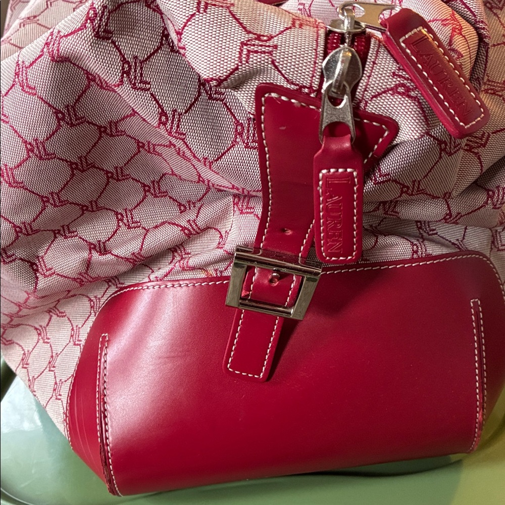 Lauren Ralph Lauren Monogram Canvas Tote Bag Red Leather Trim Large Travel Bag